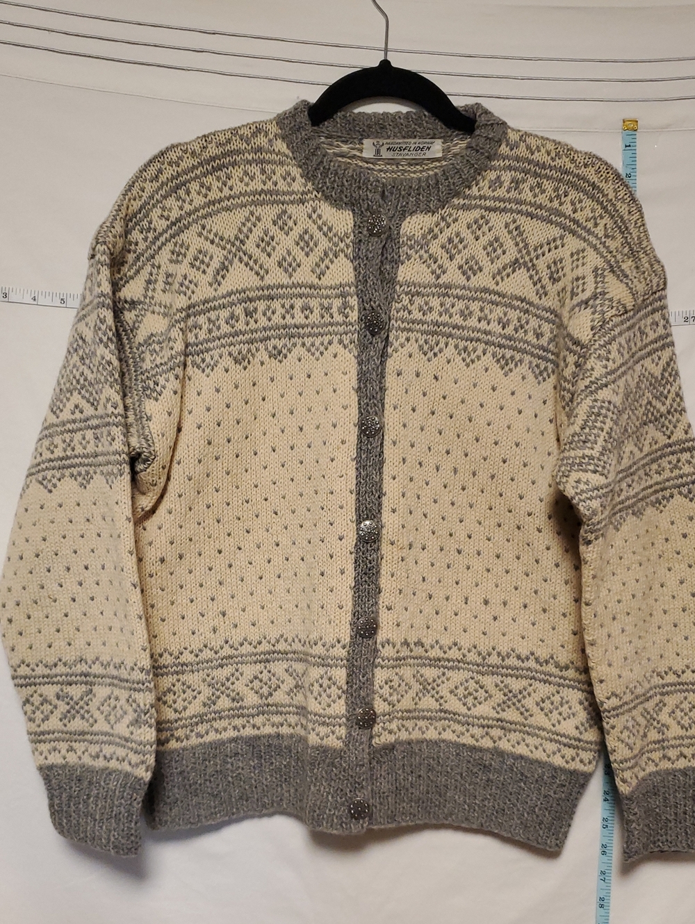 Husfliden Stavanger Handknitted Norway Wool Sweater Cardigan Gray Cream M/L